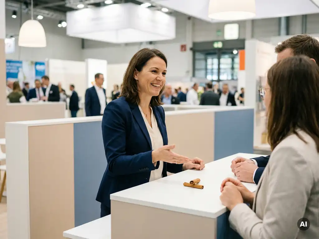 Promotionkraft in Businesskleidung begrüßt Besucher an modernem Messestand mit Zimtstange auf weißem Tresen.