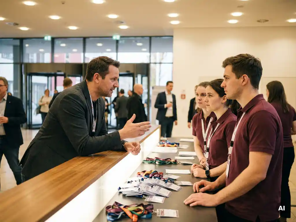 Teamleiterin im dunklen Blazer brieft drei Messemitarbeiter an einem Registrierungstresen mit Lanyards und Ausweishaltern.
