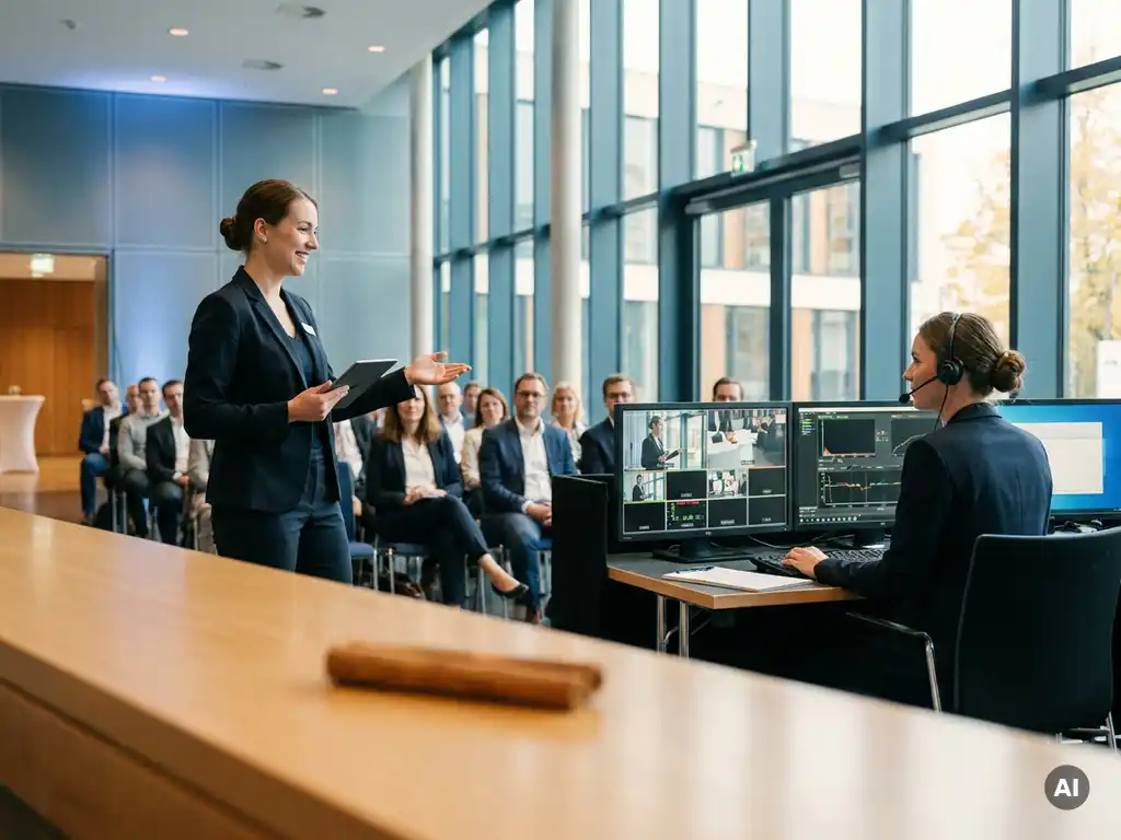 Zwei Eventmoderatorinnen koordinieren in einem modernen deutschen Konferenzsaal mit Panoramafenstern bei einem Hybrid-Event.