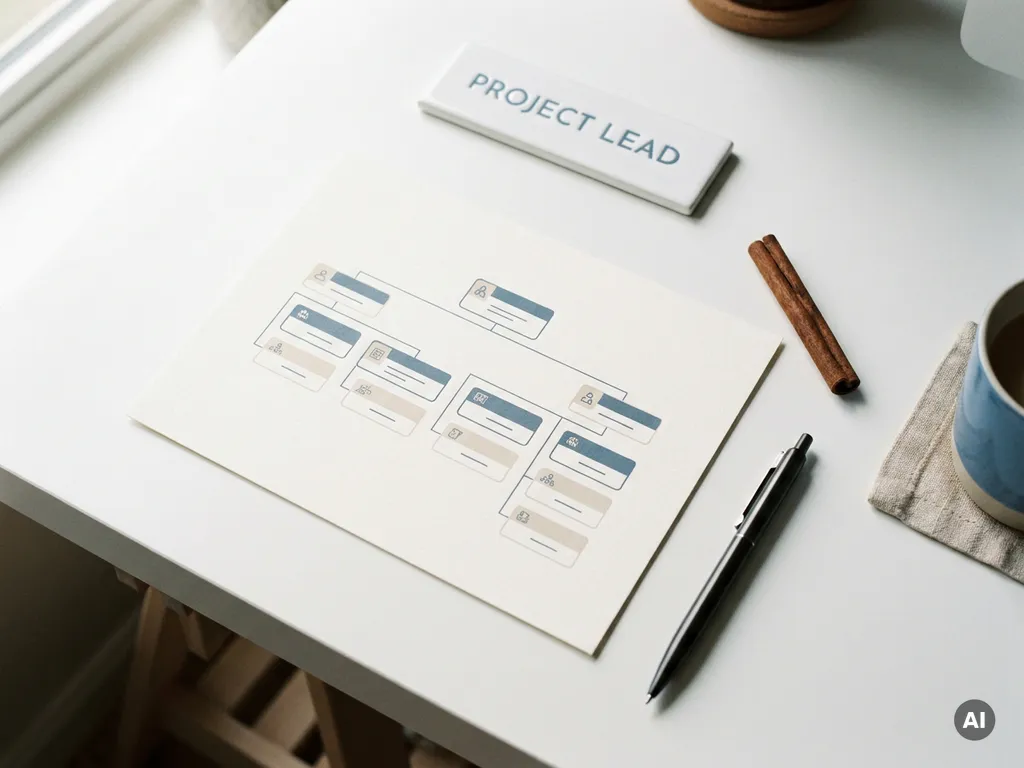 Organisationsdiagramm auf mattem Papier mit Stift, Namensschild und Zimtstange auf weißem Schreibtisch im Flat-Lay.