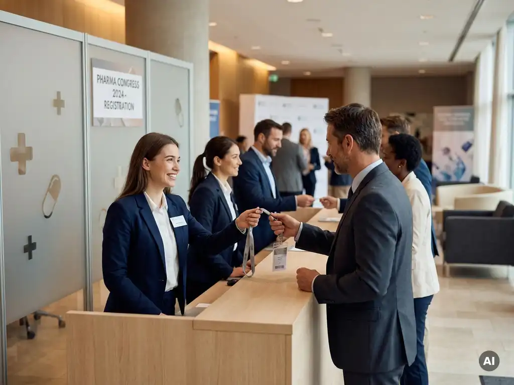 Junge Hostess in dunklem Blazer überreicht einem Kongressgast am Empfangstresen ein Lanyard-Badge bei einer Pharmakonferenz.