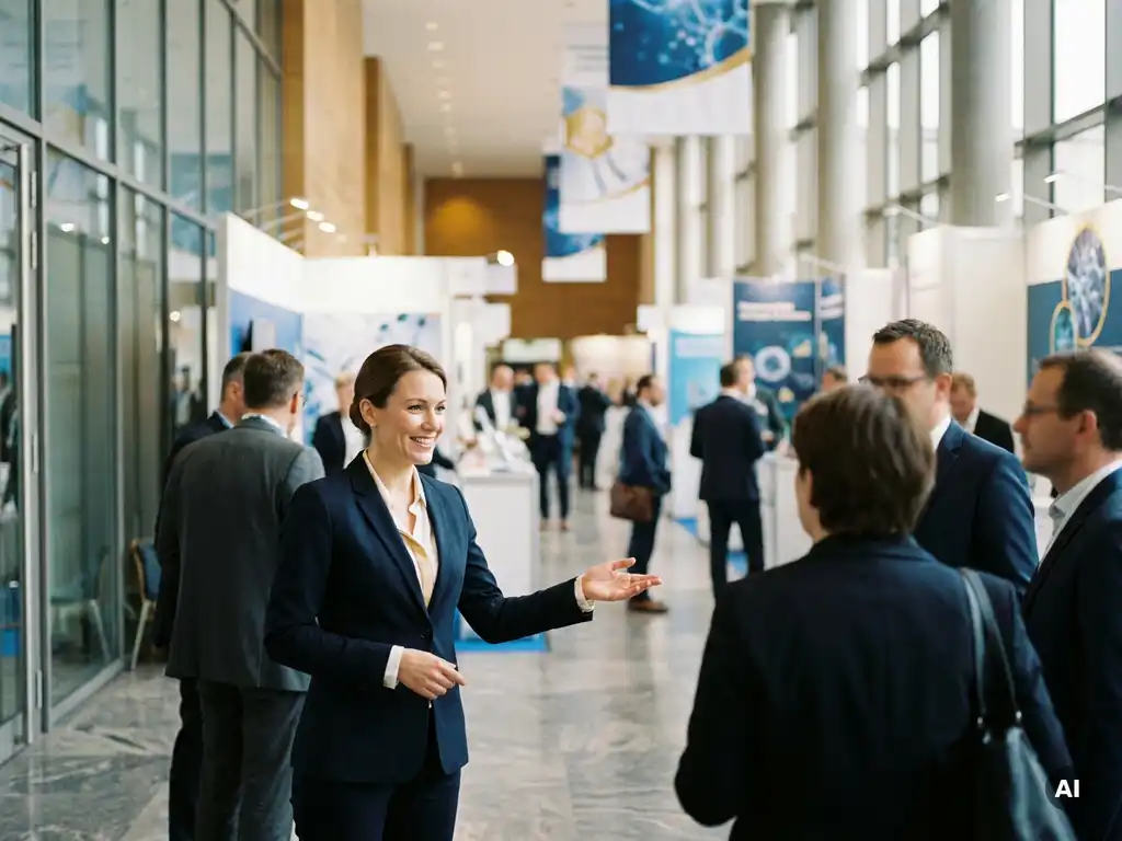 Kongress-Hostess im eleganten Blazer begrüßt Teilnehmer in einem Pharmakongress mit Ausstellungsständen im Hintergrund.