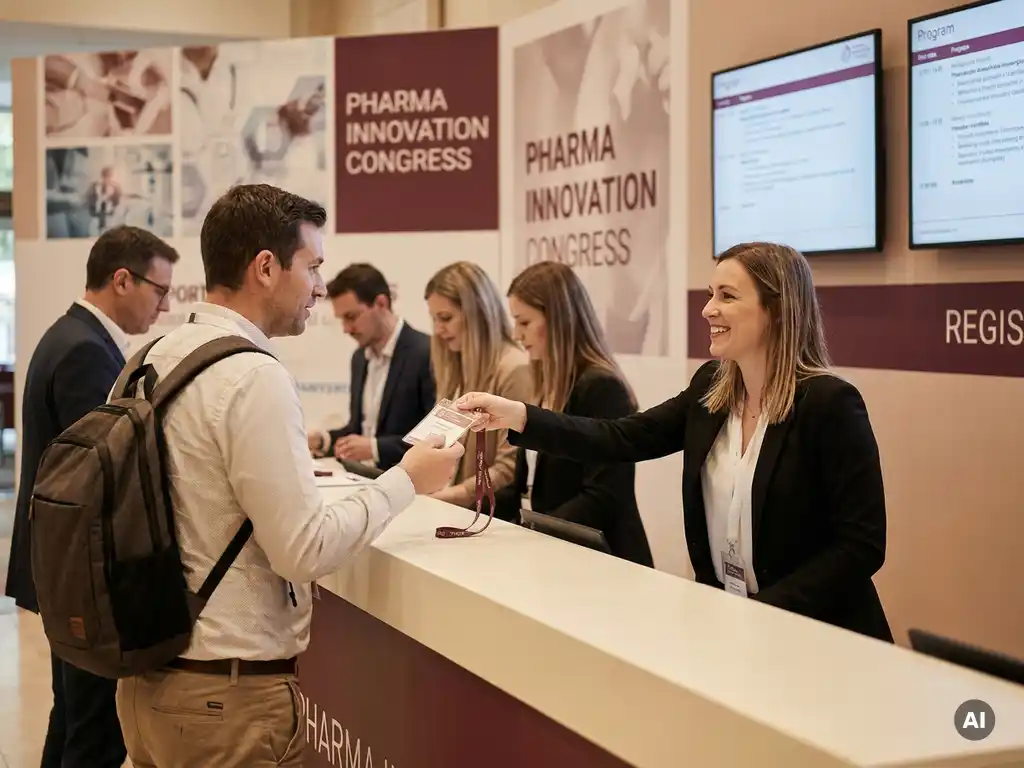 Hostess in schwarzem Blazer überreicht einem Kongressteilnehmer ein Lanyard-Badge am Registrierungsschalter eines Pharma-Kongresses.