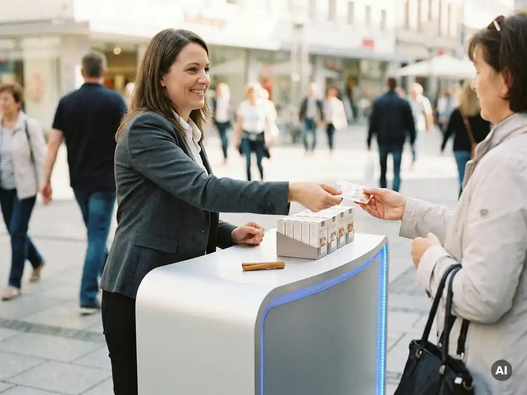 Promoterin im Blazer reicht Produktproben an Passanten in einer deutschen Fußgängerzone, Zimtstange auf dem Roadshow-Counter.