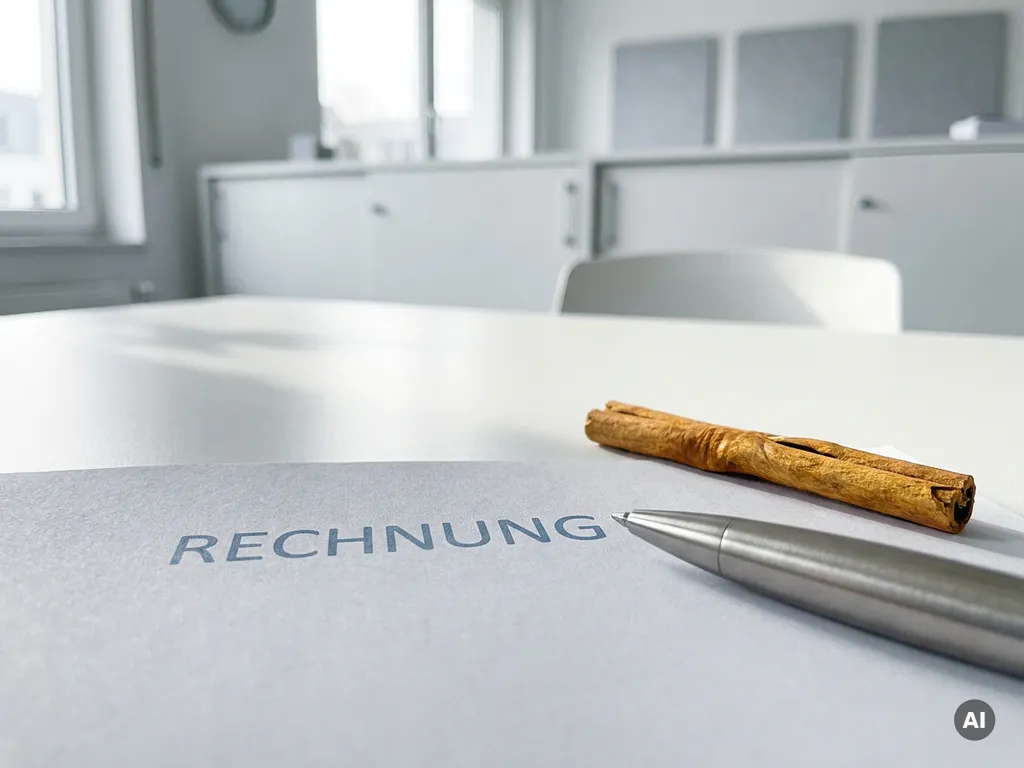 Rechnung und Kugelschreiber auf weißem Schreibtisch neben Zimtstange, modernes deutsches Büro, natürliches Licht.