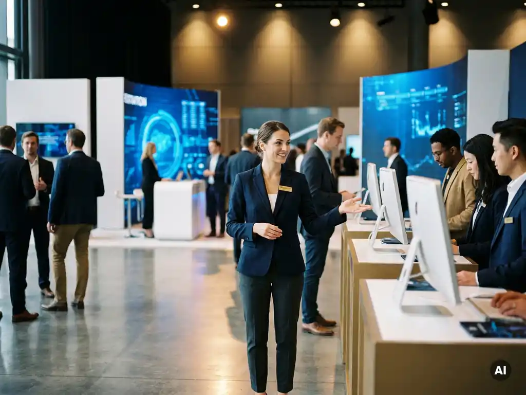 Gastgeberin in eleganter Kleidung empfängt Besucher am Anmeldetresen einer modernen Tech-Konferenz mit blauen LED-Displays.