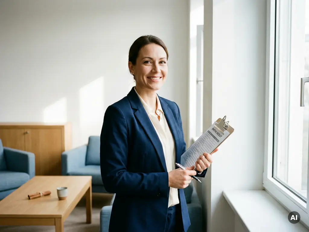 Selbstbewusste Eventmoderatorin im eleganten Blazer prüft Personalcheckliste auf Klemmbrett in modernem deutschen Konferenzsaal.