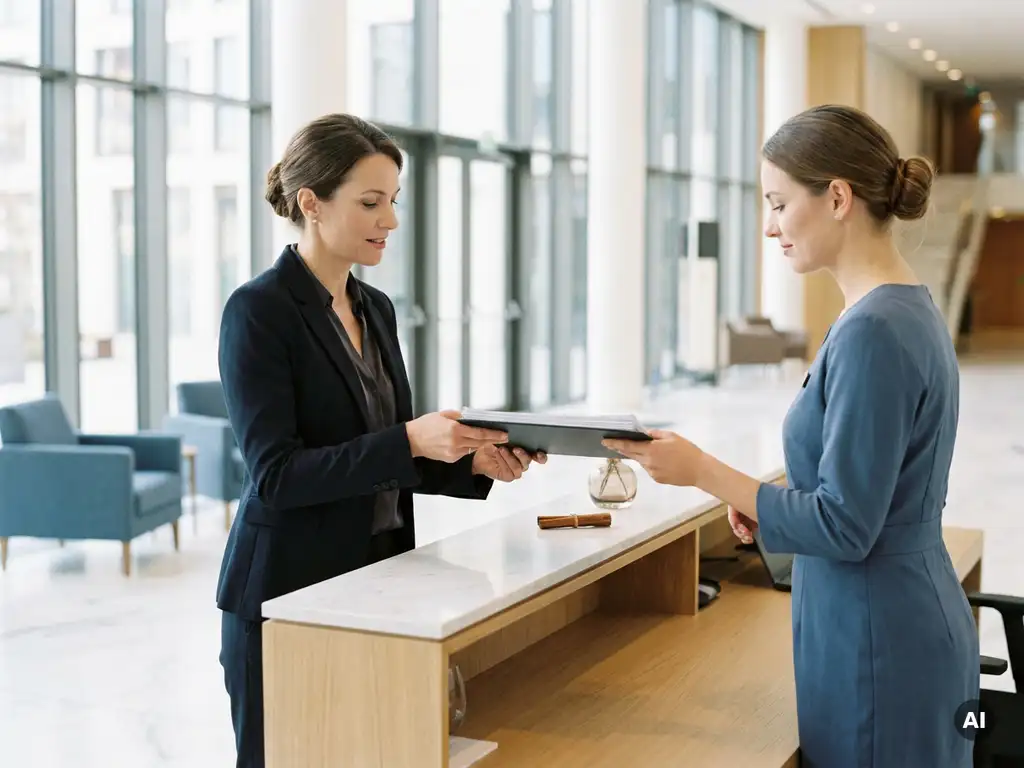 Veranstaltungskoordinatorin übergibt Klemmbrett mit Gästedokumenten an Hostess in hellem modernen Kongresszentrum-Foyer.