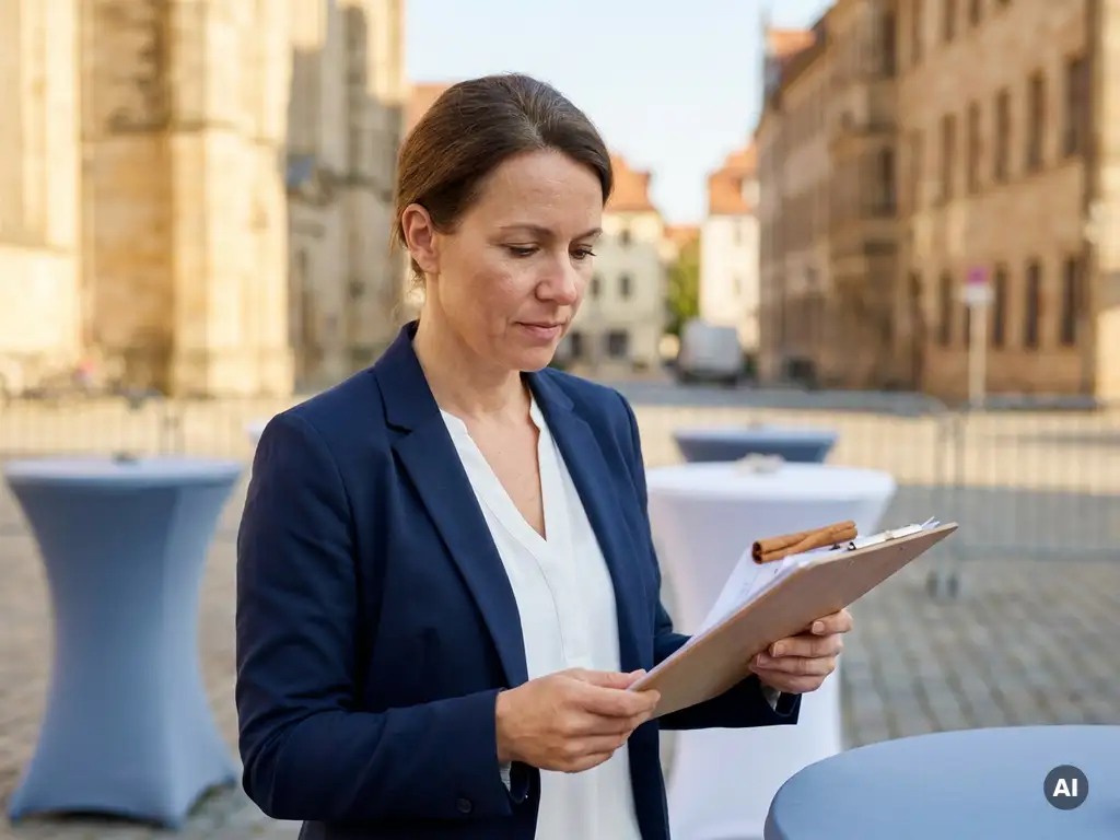 Eventkoordinatorin prüft Personalplan auf Klemmbrett bei sonnenbeschienem deutschen Stadtplatz mit eleganten Tischen im Hintergrund.
