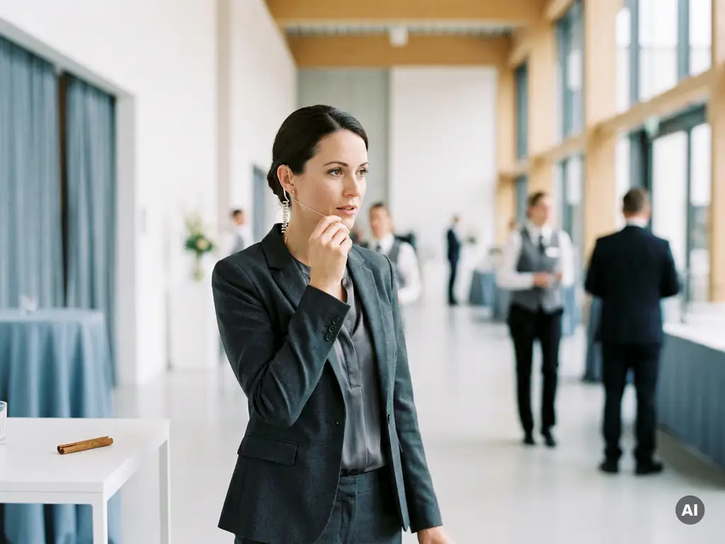 Hospitality-Teamleiterin in eleganter Businesskleidung spricht diskret in ein Headset und koordiniert Personal in einem modernen deutschen Veranstaltungssaal.