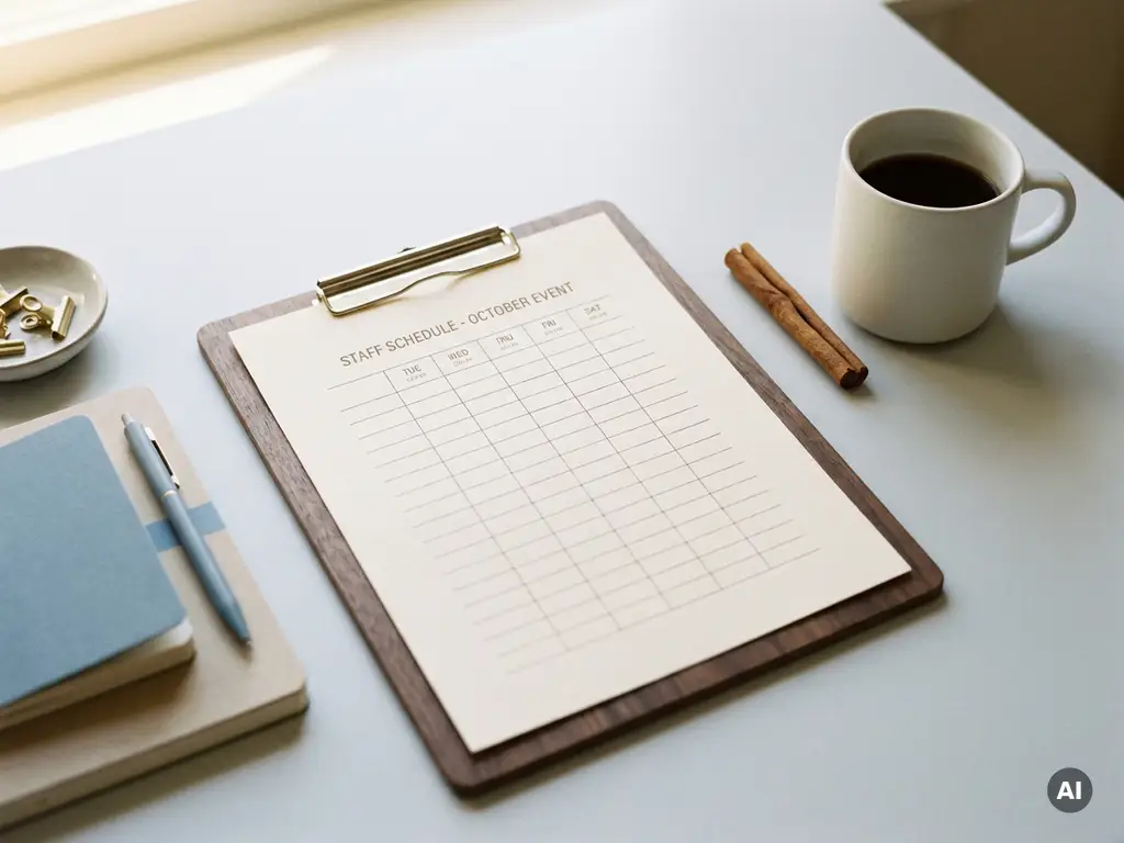 Eventplanung-Arbeitsbereich mit Dienstplan auf Cremepapier, Klemmbrett und Zimtstange neben mattem Kaffeebecher, Draufsicht.