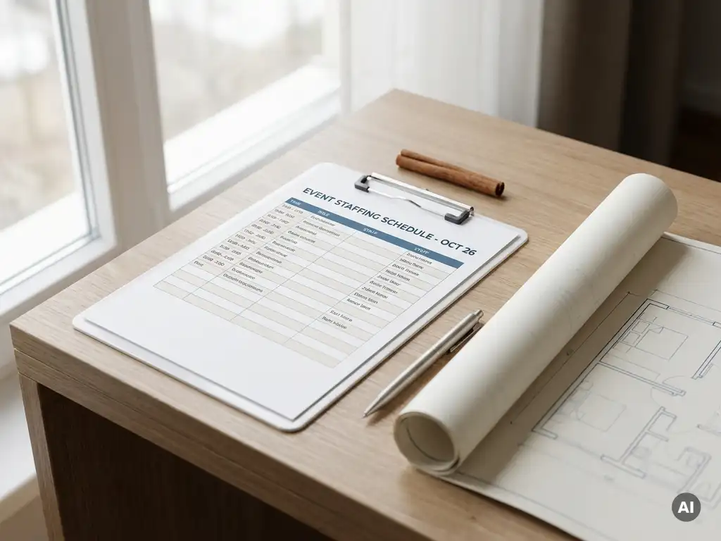 Strukturierter Personalplan auf weißem Klemmbrett mit Stift und Zimtstange, Veranstaltungsplanung im minimalistischen Corporate-Stil.