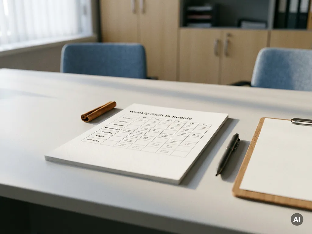 Wöchentlicher Schichtplan auf weißem Papier, Klemmbrett und Stift auf grauem Schreibtisch im deutschen Büro.
